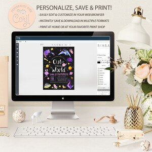 May include: A computer screen displaying a digital invitation for an "Out of This World" birthday party. The invitation features a black background with colorful illustrations of planets, stars, and a spaceship. The text "Leah is turning 8!" is written in a purple font.