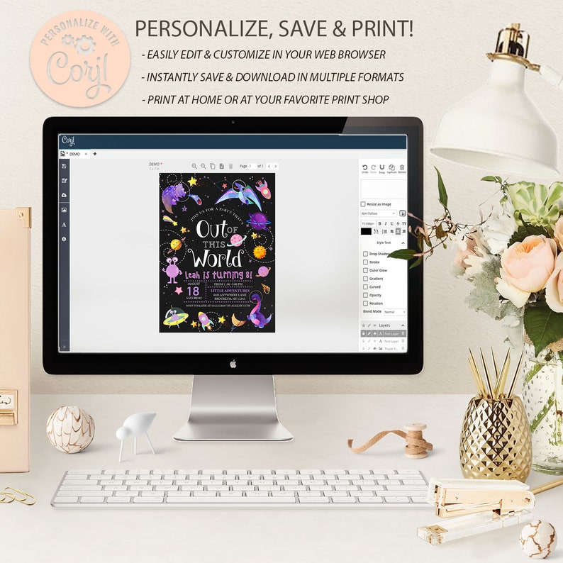 May include: A computer screen displaying a digital invitation for an "Out of This World" birthday party. The invitation features a black background with colorful illustrations of planets, stars, and a spaceship. The text "Leah is turning 8!" is written in a purple font.