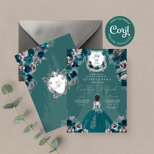 EDITABLE Invitation, Teal & Silver Floral Quinceanera Invitation, Birthday Invite, Mis Quince, Printable, Template, Corjl