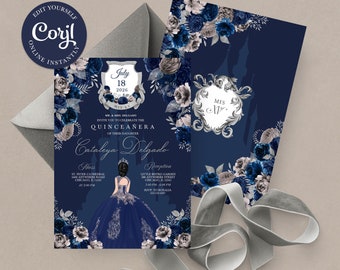 Op de afbeelding: Een blauwe en zilveren Quinceañera-uitnodiging met een bloemenontwerp en een kasteel silhouet. De uitnodiging bevat de tekst "Juli 18, 2026", "MR & MRS DELGADO", "INVITE YOU TO CELEBRATE THE QUINCEAÑERA OF THEIR DAUGHTER", "Cataleya Delgado", "Mass", "ST. PETER CATHEDRAL", "ANYWHERE ROAD", "CHICAGO, IL 125", "AT 2:00 PM", "Reception", "LITTLE BYTRO GARDEN", "ANYWHERE STREET", "CHICAGO, IL 12", "1:00 PM - 6:00 PM", "RSVP TO ROSALIA", "535-123-4567", "MIS 15".