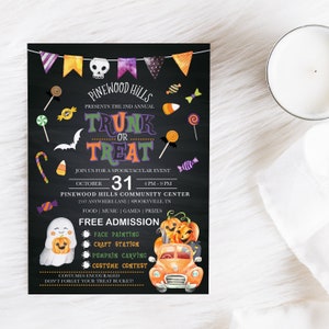 May include: A Halloween-themed flyer with a black chalkboard background. The flyer announces a "Trunk or Treat" event with colorful graphics of candy, pumpkins, and a ghost. The event is on October 31st at the Pinewood Hills Community Center.