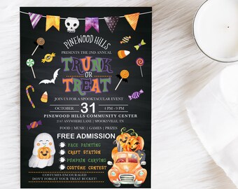 May include: A Halloween event flyer with a black chalkboard design. It advertises a "Trunk or Treat" event with illustrations of sweets, pumpkins, and a ghost. The event is on October 31st at the Pinewood Hills Community Centre.