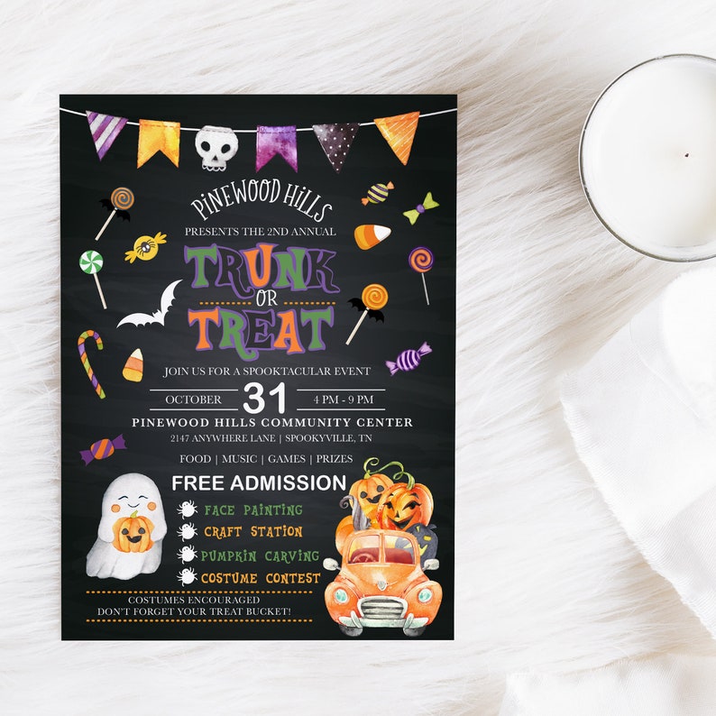 May include: A Halloween-themed flyer with a black chalkboard background. The flyer announces a "Trunk or Treat" event with colorful graphics of candy, pumpkins, and a ghost. The event is on October 31st at the Pinewood Hills Community Center.