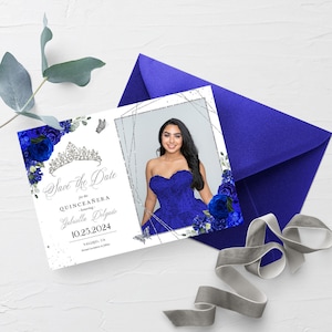 BEWERKBARE uitnodiging, Royal Blue & Silver Floral Quinceanera Save The Date, Verjaardag, Fotokaart, Mis Quince, Afdrukbaar, Sjabloon, Corjl