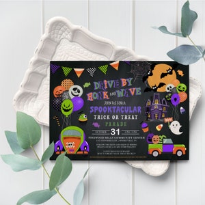 May include: A black and white chalkboard style invitation for a drive-by trick or treat parade. The invitation features a spooky house, ghosts, bats, and candy corn. The text reads "Drive By Honk and Wave" and "Spooktacular Trick or Treat Parade". The event is scheduled for October 31st from 4 PM to 9 PM at Pinewood Hills Community Center.