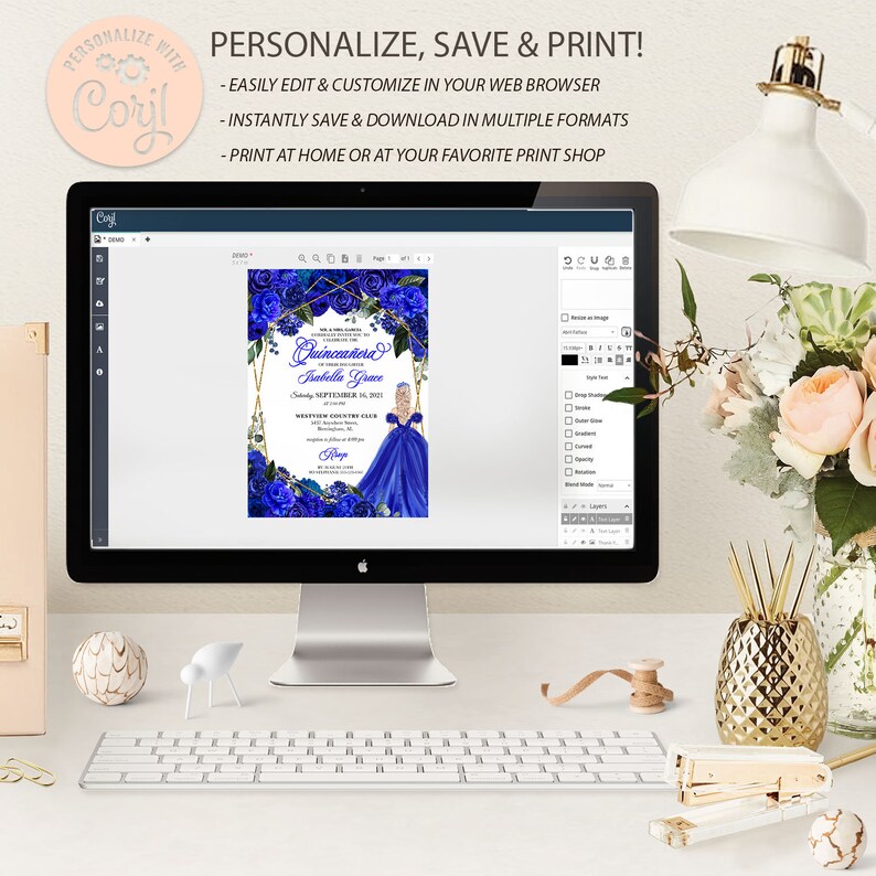 Puede incluir: Una plantilla de dise&ntilde;o digital para una invitaci&oacute;n de Quincea&ntilde;era. La invitaci&oacute;n presenta un dise&ntilde;o azul y dorado con una princesa con un vestido azul y un borde floral. El texto de la invitaci&oacute;n dice "Quincea&ntilde;era Isabella Grace 16 de septiembre de 2021".