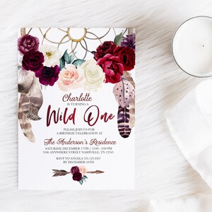 EDITABLE Invitation, Boho Dreamcatcher Wild One Birthday Invitation, First Birthday, Burgundy, Boho Invite, Printable, Template, Corjl