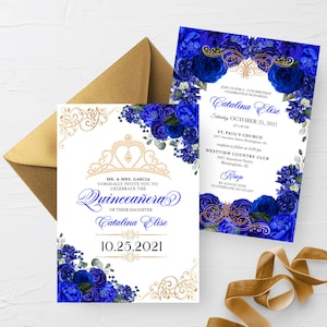 BEWERKBARE Uitnodiging, Elegante Royal Blue Bloemen Quinceanera Uitnodiging, Verjaardag Uitnodiging, Mis Quince, Afdrukbare Uitnodiging, Sjabloon, Corjl