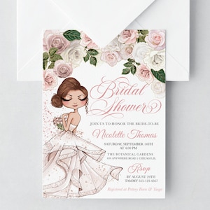 EDITABLE Invitation, Rose Gold Pink Floral Glam Girl Bridal Shower Invitation, Bridal Dress, Bridal Shower, Printable Invitation, Corjl