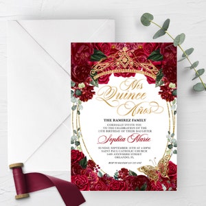 BEWERKBARE Uitnodiging, Elegante Rode en Gouden Bloemen Quinceanera Uitnodiging, Verjaardag Uitnodiging, Mis Quince, Afdrukbare Uitnodiging, Sjabloon, Corjl