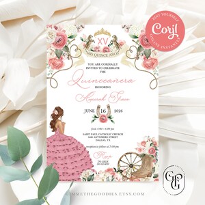 Pink Elegant Western Charro Cowgirl Quinceanera Invitation, Fiesta, Birthday, Mis Quince, Printable, Template, Corjl