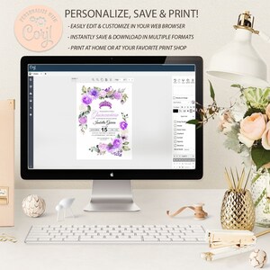 Puede incluir: Una pantalla de ordenador que muestra una plantilla de invitaci&oacute;n de Quincea&ntilde;era en morado y blanco con un dise&ntilde;o floral. El texto de la invitaci&oacute;n dice "Quincan&ntilde;era" e "Isabelle Garcia". La invitaci&oacute;n se est&aacute; editando en un programa de dise&ntilde;o con herramientas para agregar texto, im&aacute;genes y otros elementos de dise&ntilde;o.