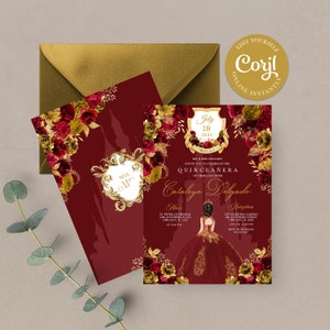 EDITABLE Invitation, Red & Gold Floral Quinceanera Invitation, Birthday Invite, Mis Quince, Printable, Template, Corjl