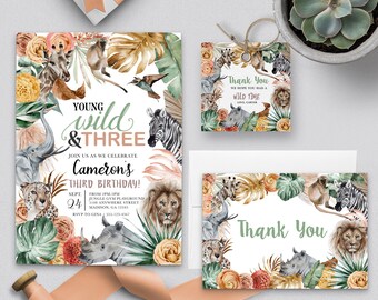 May include: A set of printable invitations and thank you cards for a third birthday party with a jungle animal theme. The invitations feature a zebra, lion, rhino, and monkey, with the text "Young Wild & Three" and "Cameron's Third Birthday!" The thank you cards feature a similar jungle animal design with the text "Thank You".