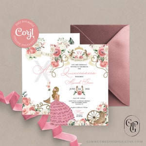 Pink Elegant Western Charro Cowgirl Quinceanera Invitation, Fiesta, Birthday, Mis Quince, Printable, Template, Corjl