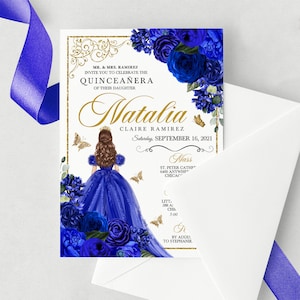EDITABLE Invitation, Elegant Royal Blue & Gold Floral Quinceanera Invitation, Birthday Invite, Mis Quince, Printable Invite, Template, Corjl
