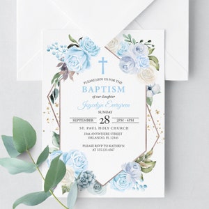 May include: A blue and white floral baptism invitation with a gold geometric frame. The invitation includes the text "Please join us for the Baptism of our daughter Joycelyn Evergreen, Sunday, September 28, 2PM-4PM, St. Paul Holy Church, 2366 Anywhere Street, Orlando, FL 12345, Please RSVP to Kathryn at 555.123.4567."