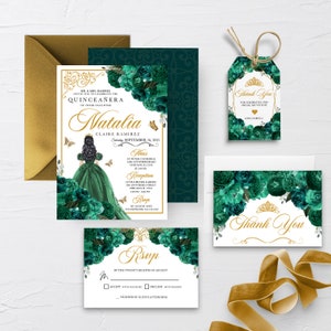 EDITABLE Invitation, Emerald Green Floral Quinceanera Invitation Bundle, Mis Quince Anos, Birthday, Printable, Template, Corjl