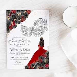EDITABLE Invitation, Red, Black & Gold Floral Sweet Sixteen Masquerade Invitation, Birthday Invite, Sweet 16, Printable, Template, Corjl