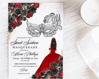 May include: A red and black masquerade themed Sweet Sixteen invitation with a black and white masquerade mask, a girl in a red dress, and gold accents. The text reads "Please join us for a Sweet Sixteen Masquerade Honoring Alecia Phillips Saturday, October 25, 20xx at 6:00 PM The Event Ballroom 5437 Anywhere Street, Birmingham, AL Rsvp Lauren 555-123-4567"