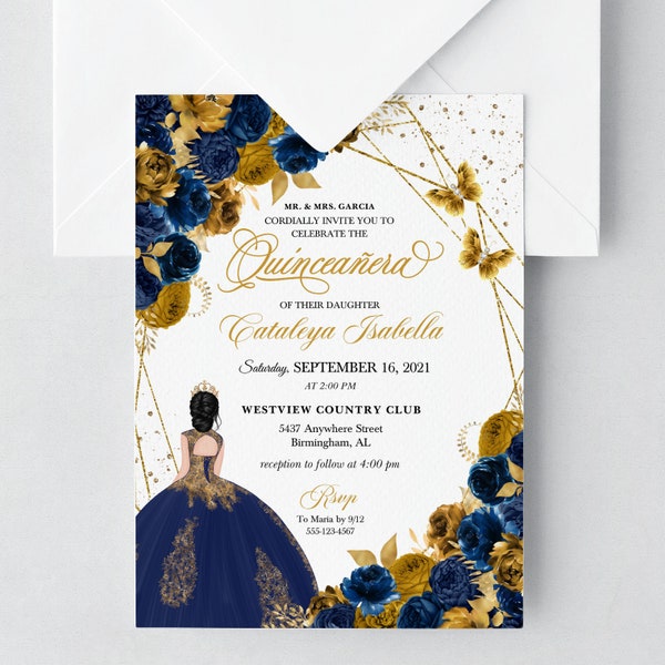 EDITABLE Invitation, Navy Blue & Gold Floral Quinceanera Invitation, Birthday Invite, Mis Quince, Printable, Template, Corjl