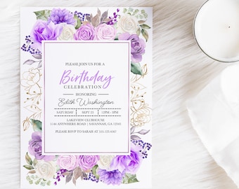 Purple Floral Birthday Invitation: Editable Spring or Fall Invite (Corjl)