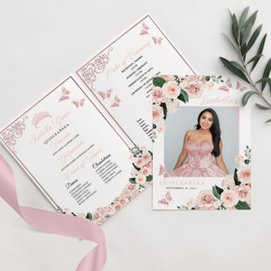 EDITABLE Program Template, Elegant Blush Pink Floral Quinceanera Program, Mis Quince, 5x7 Bi-Fold Program, Printable, Template, Corjl