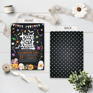 May include: A black and white printable Halloween party invitation with a chalkboard background. The invitation features a colorful illustration of candy, bats, and a ghost. The text on the invitation reads "Trick or Treat" and "Join us for some spooktacular Halloween Fun!"