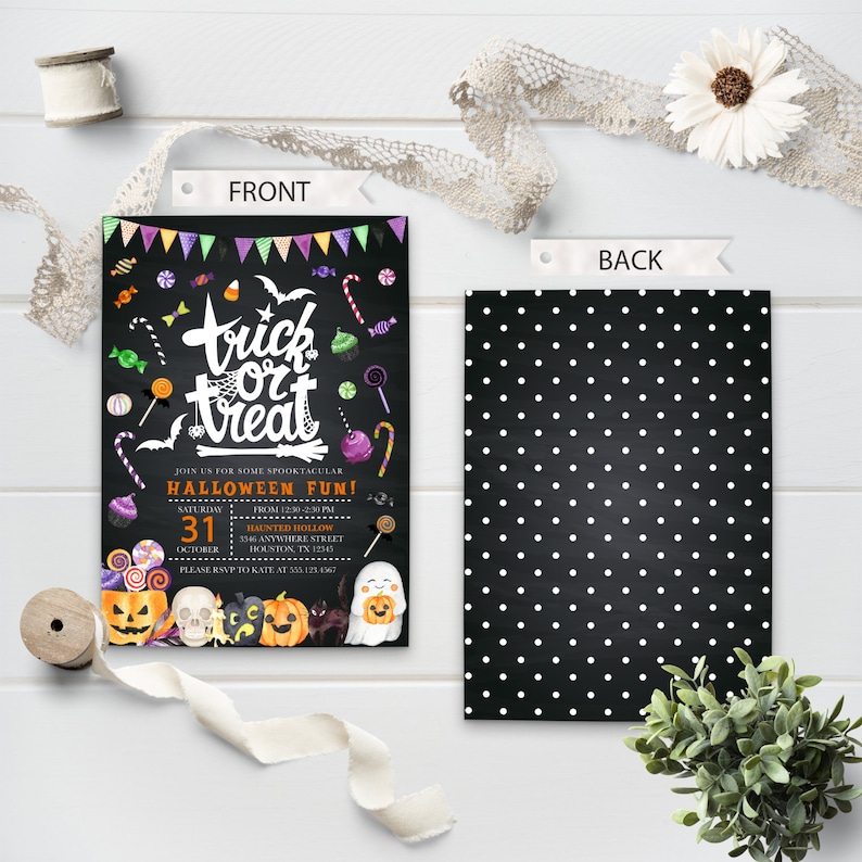 May include: A black and white printable Halloween party invitation with a chalkboard background. The invitation features a colorful illustration of candy, bats, and a ghost. The text on the invitation reads "Trick or Treat" and "Join us for some spooktacular Halloween Fun!"
