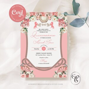 Western Pink Roses Charro Cowgirl Quinceanera Invitation, Fiesta, Birthday, Mis Quince, Printable, Template, Corjl