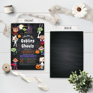 May include: A black and white Halloween party invitation with a chalkboard background. The invitation features a cartoon illustration of children dressed in various Halloween costumes, including a werewolf, a witch, a ghost, a vampire, a zombie, a superhero, and a mummy. The text on the invitation reads "Calling All Goblins and Ghouls Join us for Jordan's Spooktacular Birthday Party Saturday, October 31 from 12:00 PM to 4:00 PM Jordan's House The Anywhere Street Houston, TX 77005 Please RSVP to Kate at 555-123-4567".
