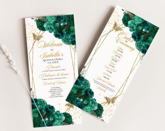 Emerald Green Floral Quinceanera Program Template (Editable, Printable)