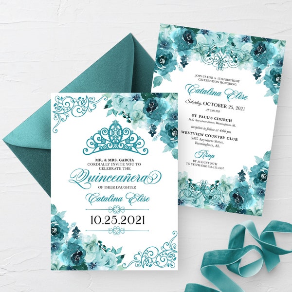 EDITABLE Invitation, Elegant Teal Turquoise Quinceanera Invitation, Birthday Invite, Mis Quince, Printable, Template, Corjl