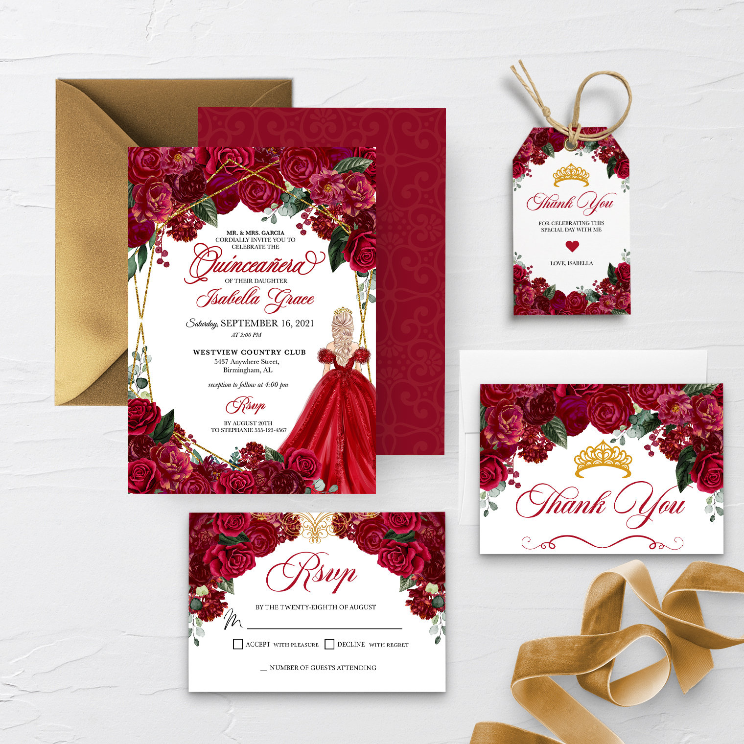 Red Floral Quinceanera Invitation Bundle: Editable Template (corjl) - Etsy, image size:1520x1520