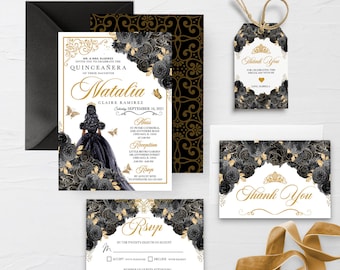 EDITABLE Invitation, Elegant Black and Gold Floral Quinceanera Invitation Bundle, Mis Quince Anos, Birthday, Printable, Template, Corjl