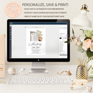 May include: A computer screen displaying a digital invitation template for a housewarming party. The invitation features a watercolor illustration of a wooden door with a potted plant and a sign that says "Housewarming". The text "Hosted by Joshua & Brianna" is also included on the invitation.