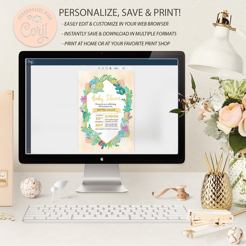 Cacti Baby Shower Invitation EDITABLE Invitation Printable Baby Shower Invitation Template, YELLOW bg Baby Shower Invite Corjl