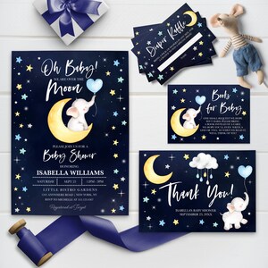 May include: Blue and yellow baby shower invitation with a cute elephant holding a blue balloon. The invitation features a crescent moon and stars on a dark blue background. The text reads "Oh Baby! We are over the moon" and "Please join us for a Baby Shower honoring Isabella Williams".