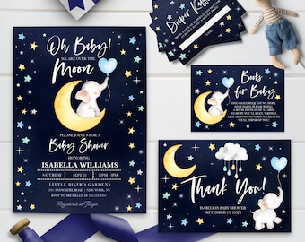 May include: Blue and yellow baby shower invitation with a cute elephant holding a blue balloon. The invitation features a crescent moon and stars on a dark blue background. The text reads "Oh Baby! We are over the moon" and "Please join us for a Baby Shower honoring Isabella Williams".