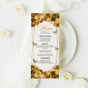 Plantilla de menú EDITABLE, Elegante menú de quinceañera floral de oro, Mis Quince, Imprimible, Plantilla, Corjl