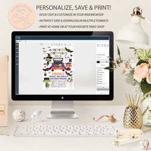 May include: A computer screen displaying a Halloween party invitation template with a cartoon illustration of a car decorated with spooky characters. The text on the invitation reads "Drive By Honk and Wave" and "Jordan's Spooky Halloween Birthday Parade".