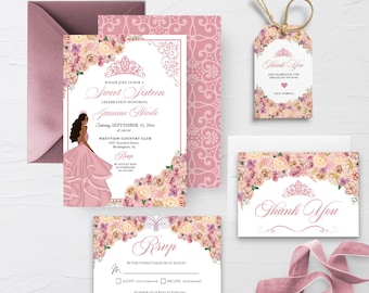 Zestaw zaproszeń na szesnaste urodziny Peach Floral (szablon do edycji)