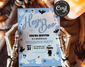 May include: A blue and white Halloween party invitation with the text "Hey Boo" and a ghost and bat design. The invitation includes the date, time, and address of the party. The text "Costumes Encouraged" is also included.