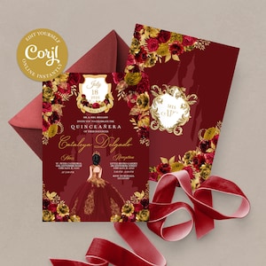 EDITABLE Invitation, Red & Gold Floral Quinceanera Invitation, Birthday Invite, Mis Quince, Printable, Template, Corjl