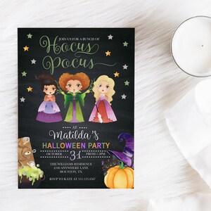 May include: A Halloween party invitation featuring the Sanderson sisters from the movie Hocus Pocus. The invitation is on a black chalkboard background with stars and glitter. The text reads "Join us for a bunch of Hocus Pocus at Matilda's Halloween Party, October 31 from 1-3pm. The Williams Residence, 4108 Anywhere Lane, Houston, TX. RSVP to Kate at 555.123.4567."