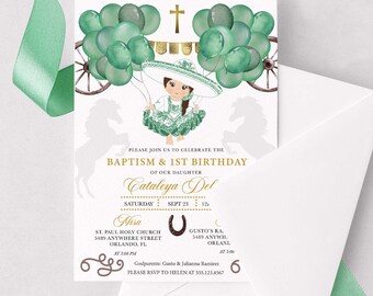 May include: A white invitation card with a green and gold design. The card features a cartoon girl wearing a green dress and a sombrero, holding balloons. The text on the card reads "Please join us to celebrate the Baptism & 1st Birthday of our daughter Cataleya Del. Saturday Sept 23 121. Misa St. Paul Holy Church 5489 Anywhere Street Orlando, FL At 3:00 PM. Gusto's RA. 5489 Anywh. Orlanl At 5:00. Godparents: Gusto & Julianna Ramirez. Please RSVP to Helen at 555.123.4567."