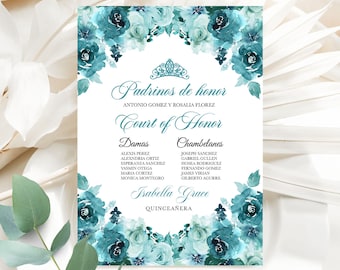 Teal Floral Quinceanera Invitation: Elegant Padrinos List (Editable Template) Digital