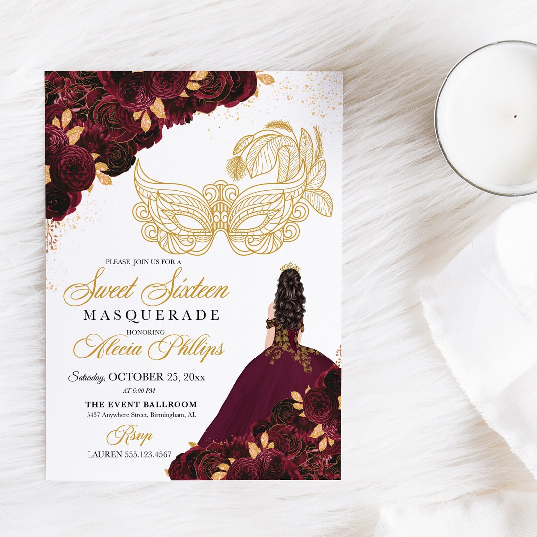EDITABLE Invitation, Burgundy & Gold Floral Sweet Sixteen Masquerade