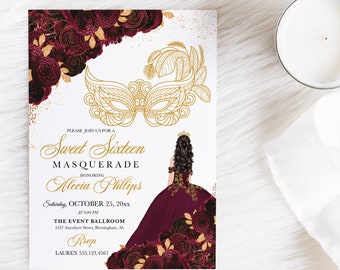 May include: A burgundy and gold Sweet Sixteen masquerade party invitation with a gold mask, floral accents, and a silhouette of a woman in a burgundy gown. The text reads "Sweet Sixteen Masquerade" and "Alecia Phillips".