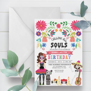 May include: A colorful Day of the Dead themed birthday invitation with a girl dressed as a skeleton, a skeleton playing a guitar, and flowers. The text reads "Calling All Souls, Please Join Us To Celebrate Isabella's 7th Birthday, Saturday Oct 31, 12PM-3PM, The Ramirez Residence, 2147 Anywhere Lane, Spookyville, TN 12345, RSVP to Katie at 555.123.4567".